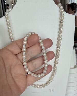 IPS 925 Sterling Pearl Necklace & Bracelet Set Rhinestone Accents